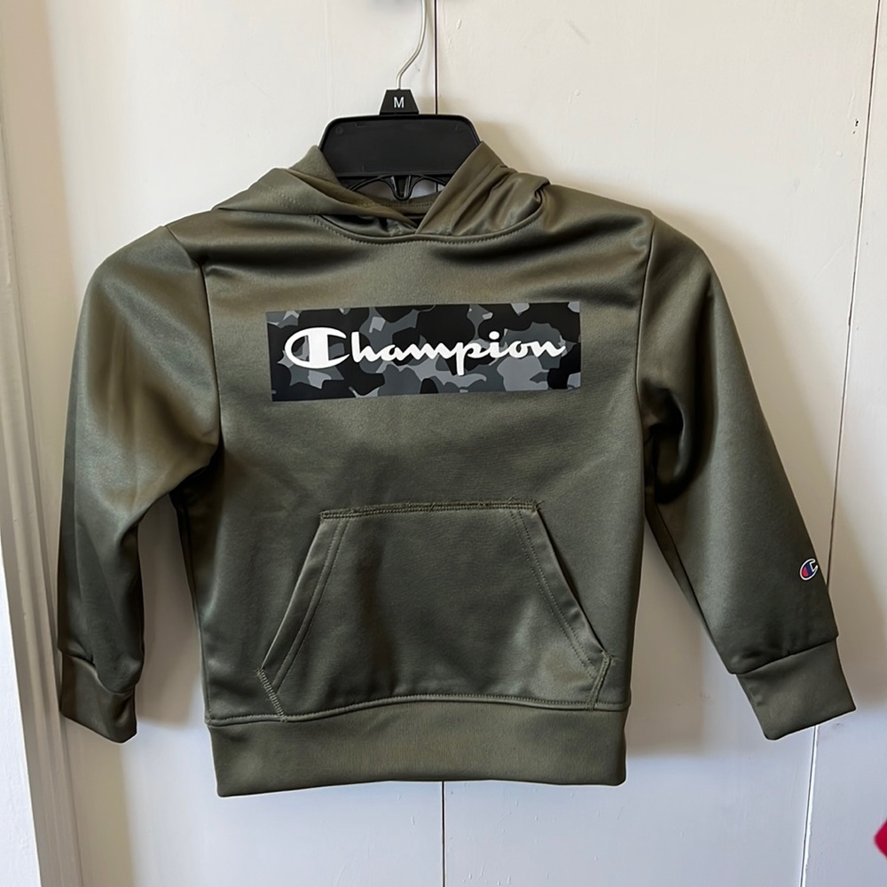 Kids 5-6T Champion hoodie. Olive green w/black/grey camo logo. Washed never worn
